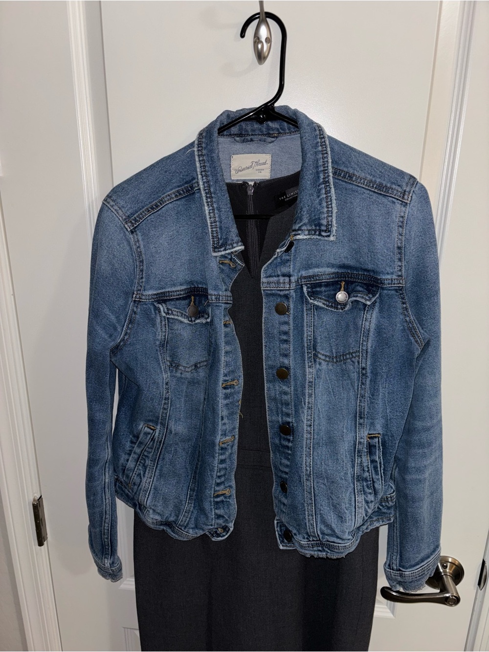 Sleeveless Gray Sheath Dress & Denim Jean Jacket- Casual Workwear Pairing